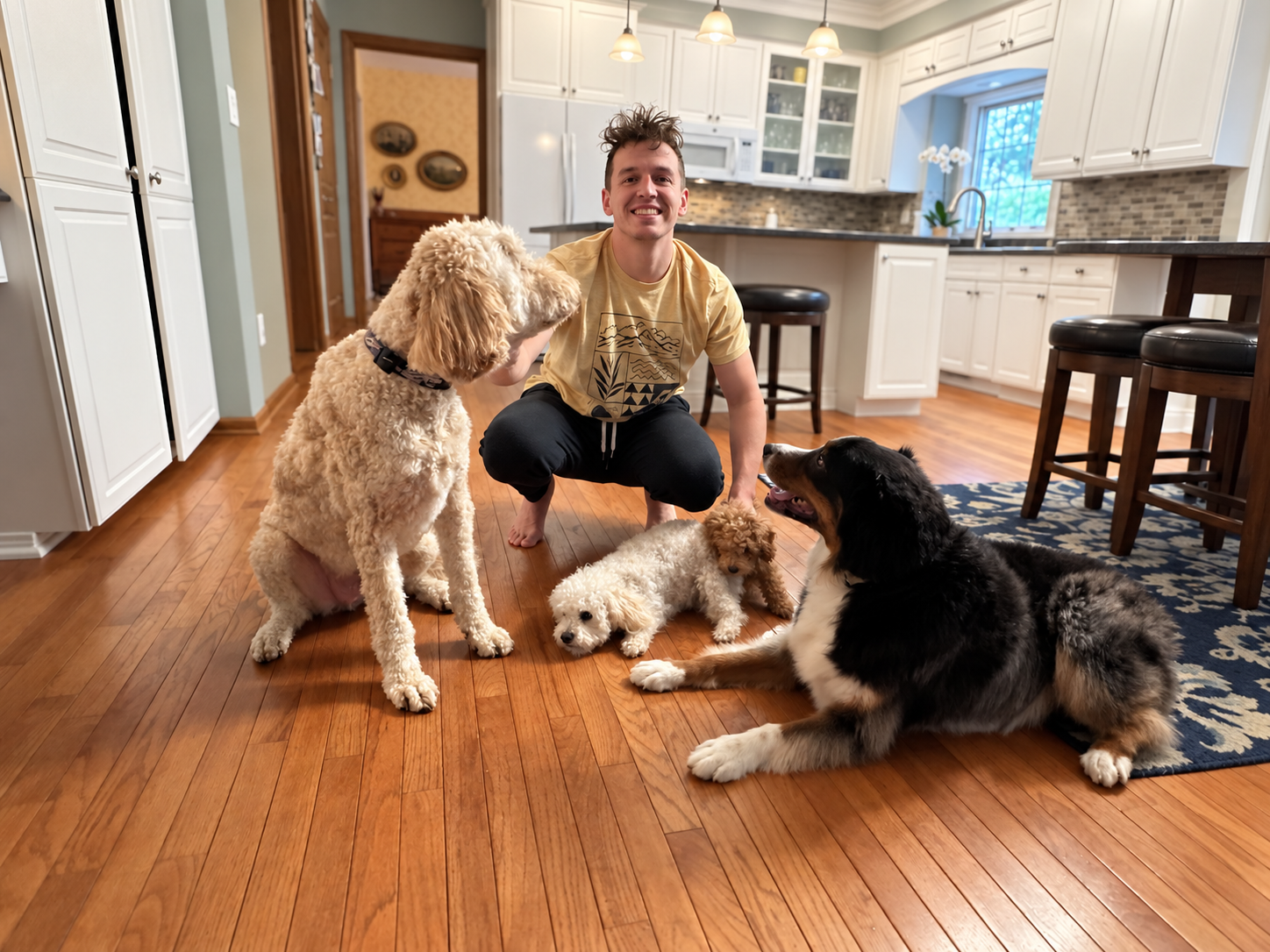 Ben crouching with a group of dogs, including Toto and Little Guy, inside a home.