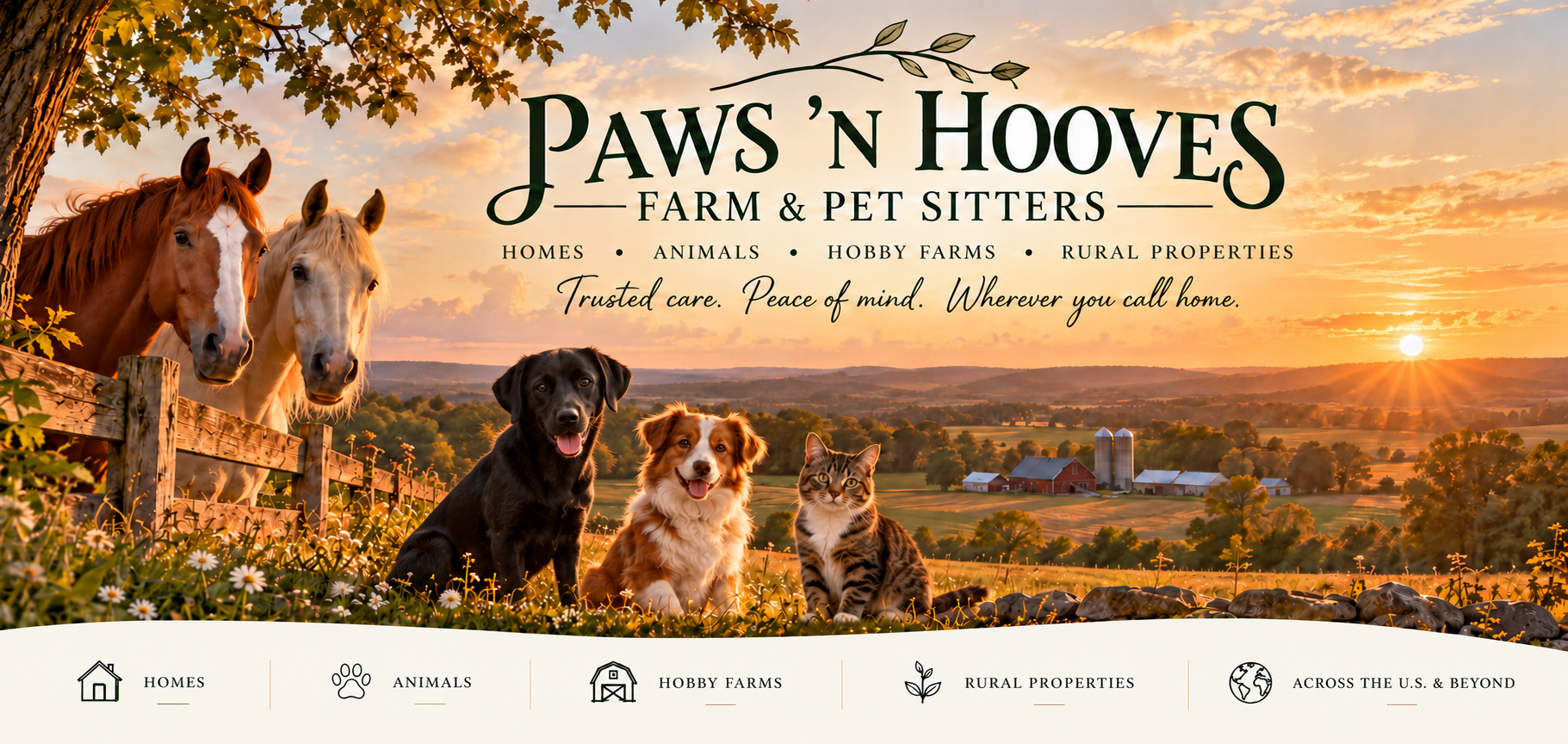 Paws ’n Hooves Farm and Pet Sitters. Trusted care. Peace of mind. Wherever you call home. Two horses, a black Labrador, a brown and white dog and a tabby cat face the viewer against a countryside sunset.