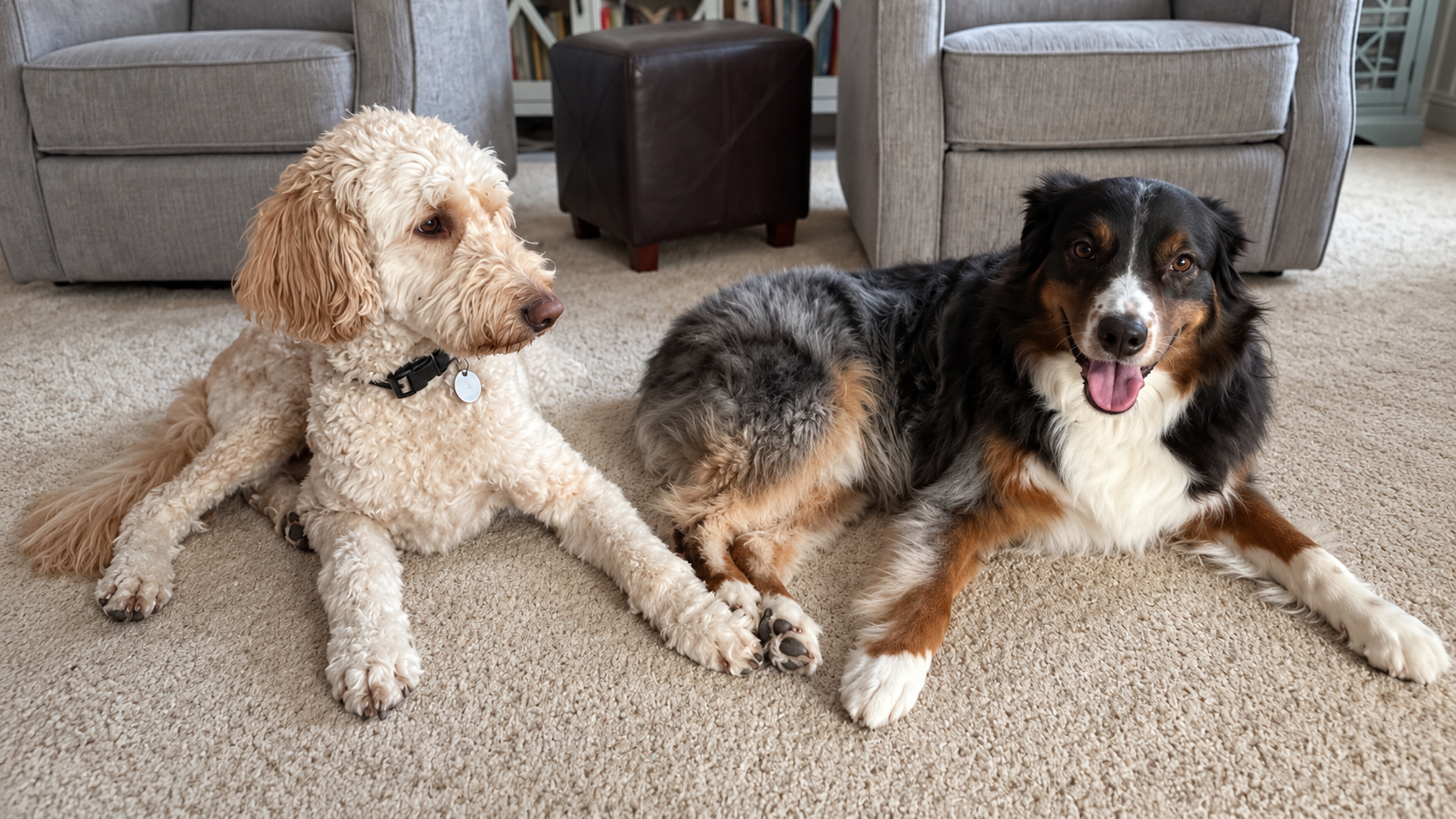 Ollie and Louie relaxing beside each other on a living-room rug.